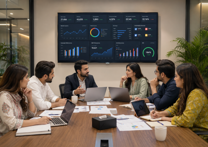 Grownix team analyzing case study performance metrics