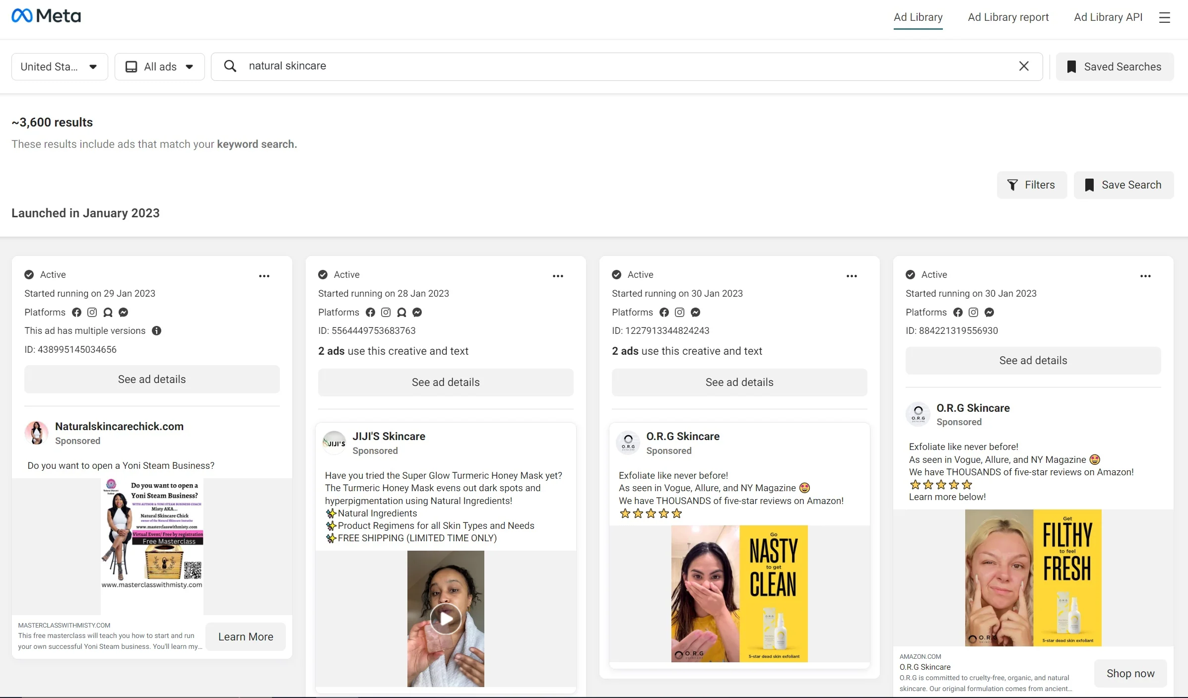Meta Ad Library showing competitor active ads and creative